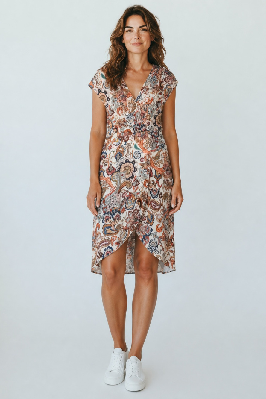 Paisley Print Surplice Flutter Sleeve Midi Dress